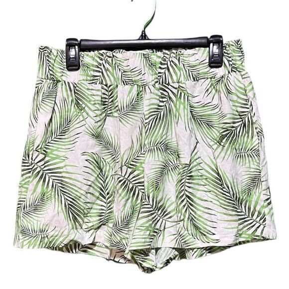 NWT Sigrid Olson Shorts Pull On Elastic Waist Linen Blend Green White Leaf Large - Picture 1 of 6
